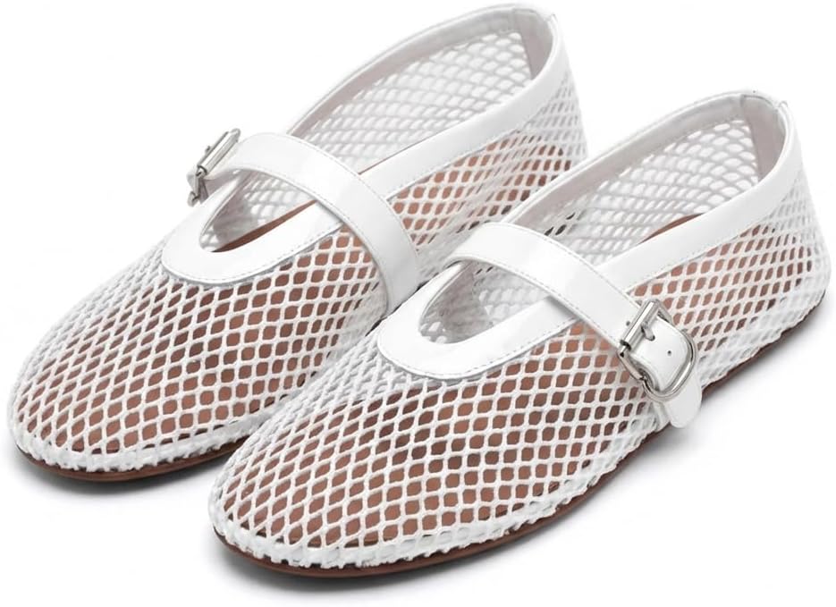 Women's Mesh Ballet Flats Buckle Strap Comfortable Ballerina Shoes Ladies Clear Fishnet Wide Width Flats for Women Slip-on Casual Dress Mary Jane Flats Fall 2025