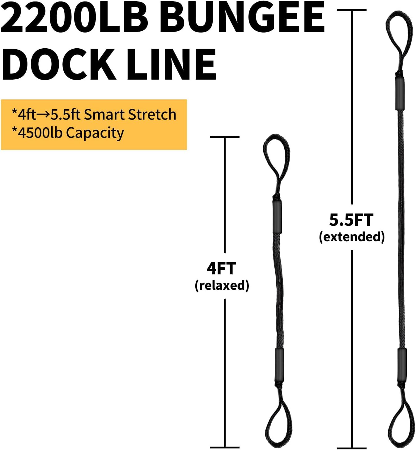 Bungee Dock Lines for Boats with Loops, Boat Tie Downs for Docking, Adjustable Boat Mooring Rope for Pontoon, Jon Boat & PWC (2, Black, 4 FT)