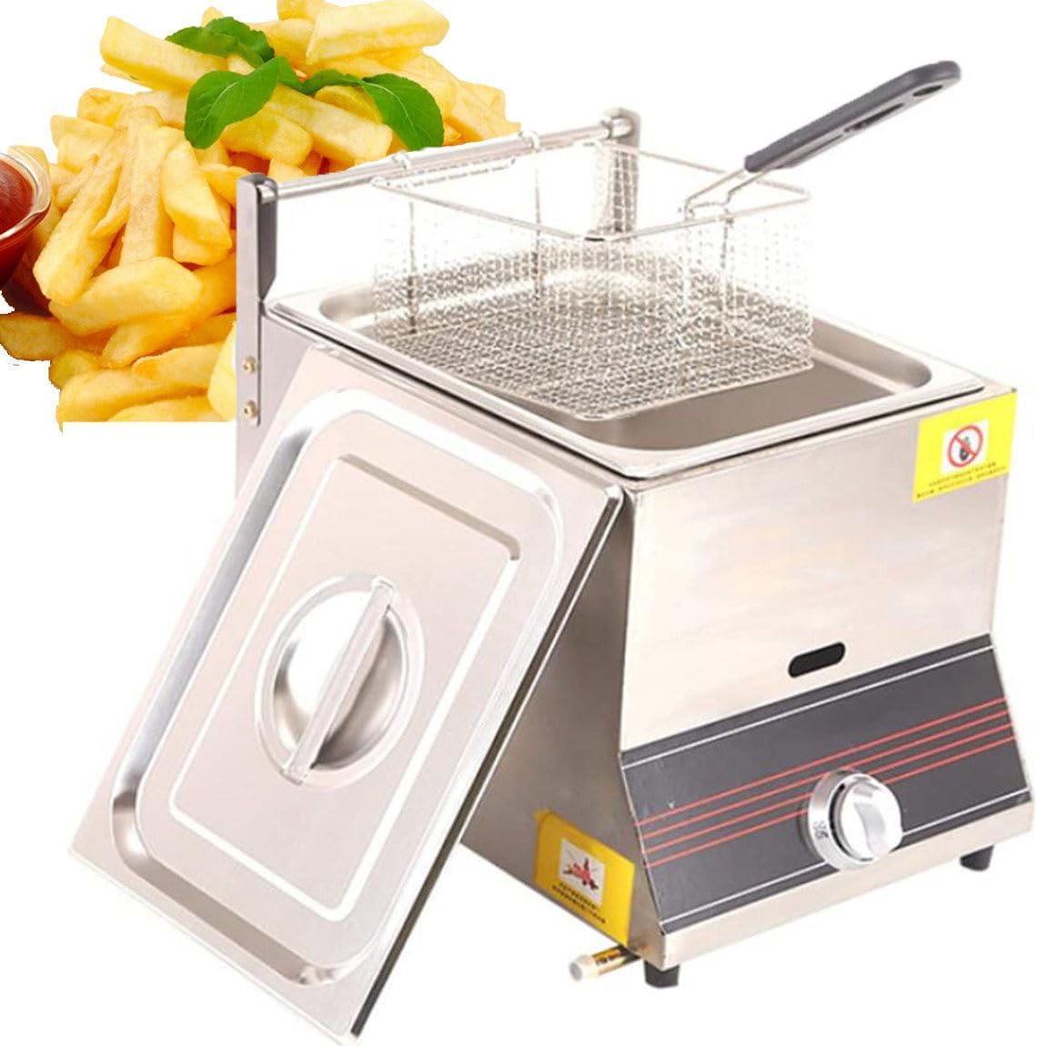 Gas Fryer Commercial Deep Fryer Stainless Steel Deep Fryer, 6/12L Deep Fryer, with Removable Baskets and Lid, Energy Saving, 12L，6L