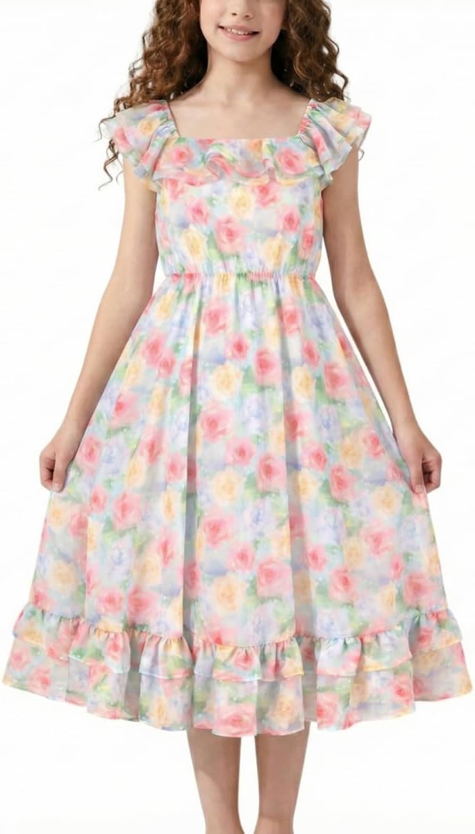 WELAKEN Girls Sleeveless Elastic Straps Summer Dress - Ruffle Hem Flowy Sundress