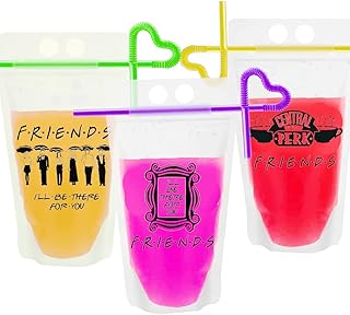 SharkBliss 24 Packs Friends Drink Pouches, Friends TV Show Booze Bags Drink Pouches with Straws Plastic Drink Bags with Zipper Party Beverage Bags Juice Pouches Booze Bags for Adults, 3 Styles