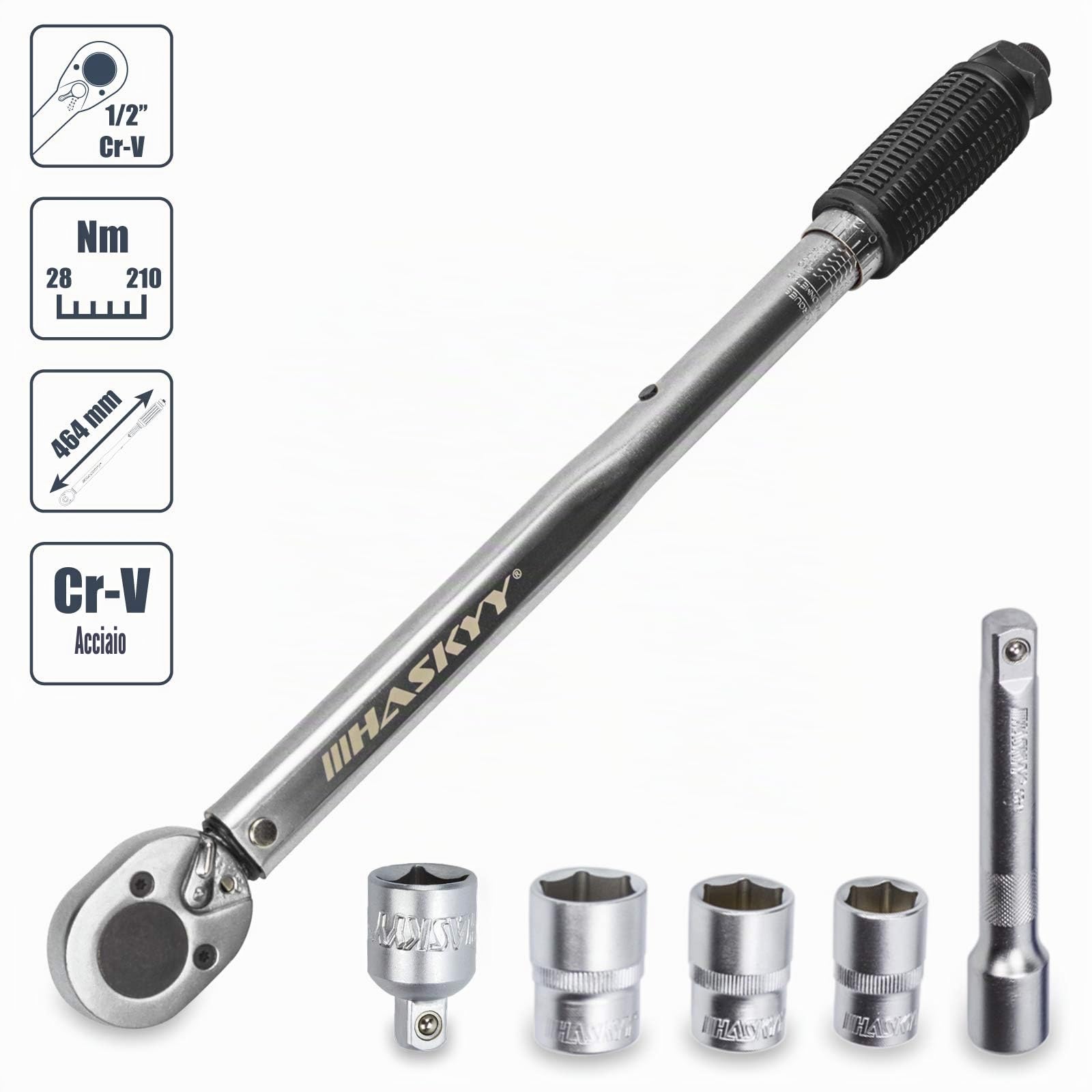 HASKYY Set Chiave Dinamometrica 1/2" 28-210 NM I Cricchetto Reversibile Chiavi Momento Chiave