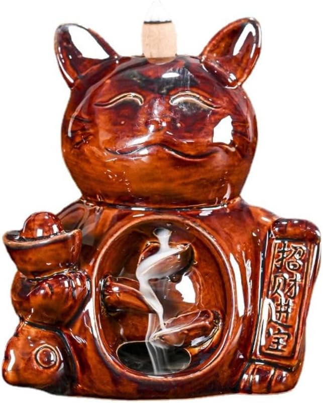 Creative Wealth Cat Backflow Incense Burner,Ceramic Ornaments Smoke Incense Holder for Office Desktop Decoration Crafts (Blue)