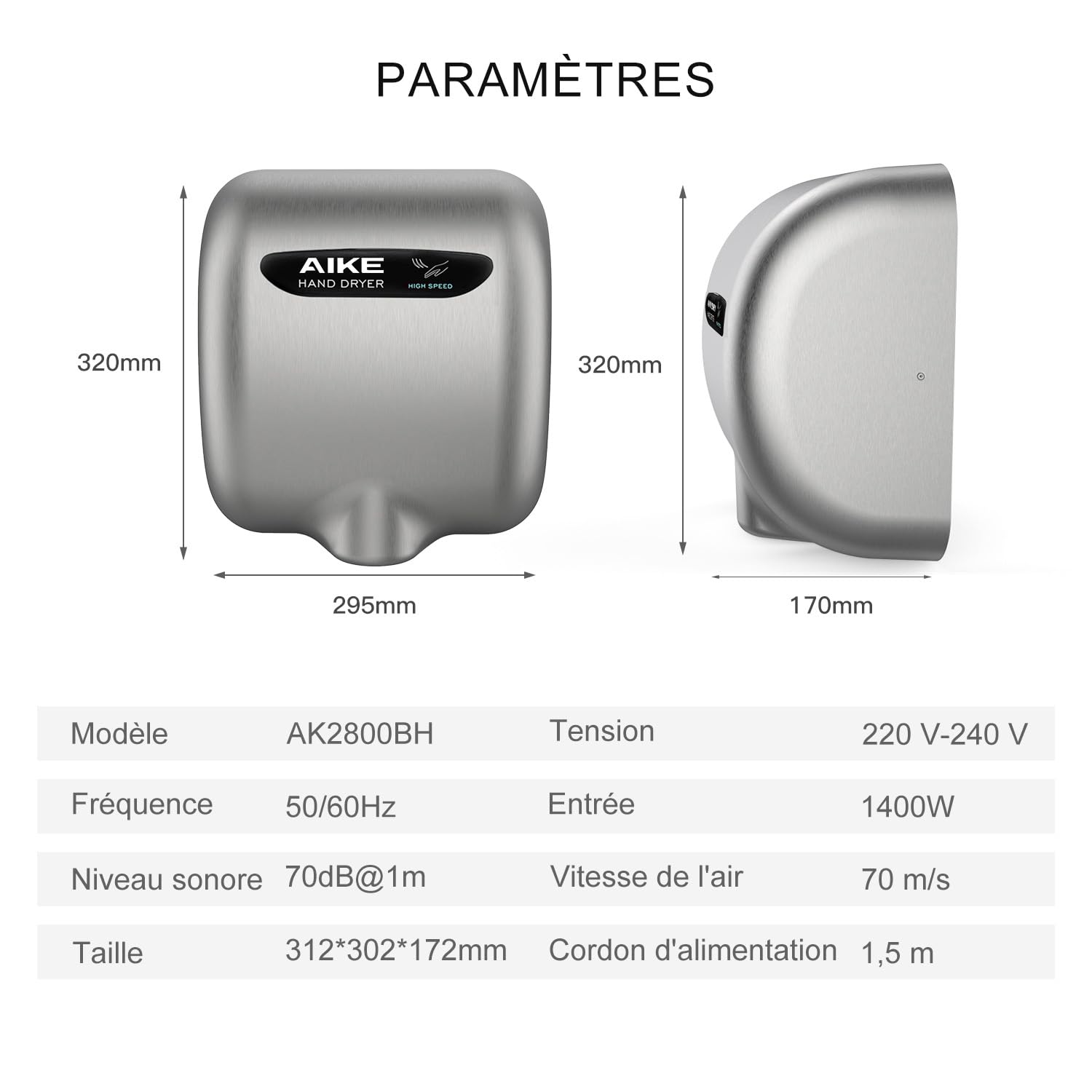 AIKE Elephant Power Sèche-Mains avec Filtre HEPA, Commercial Grande Vitesse, Air Chaud Auto, Boîtier Acier INOX AC220V-240V, AK2800BH