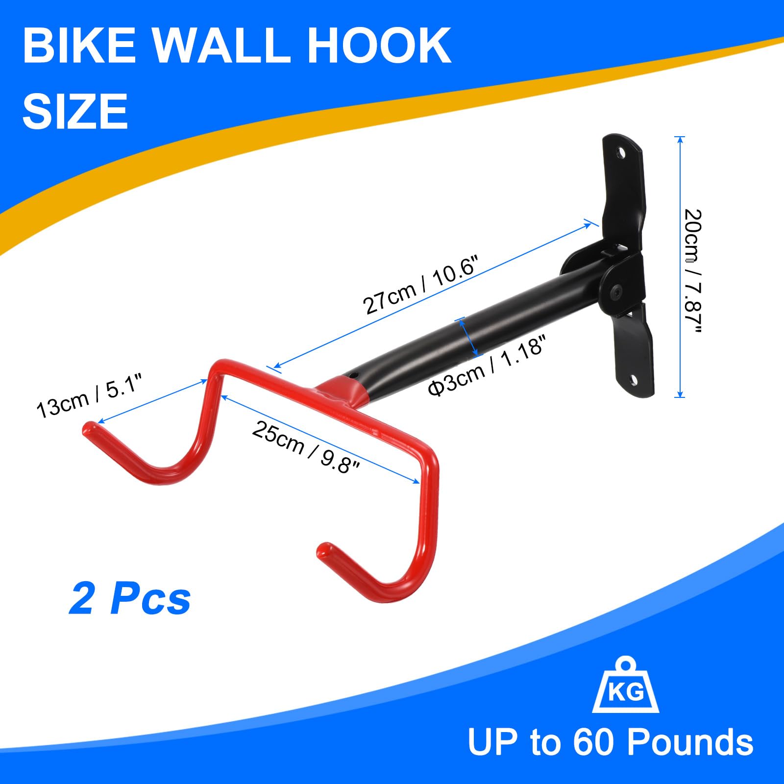 PATIKIL Lot de 2 supports muraux horizontaux pliables pour vélo intérieur, crochet de suspension en métal pour vélo hybride d'intérieur