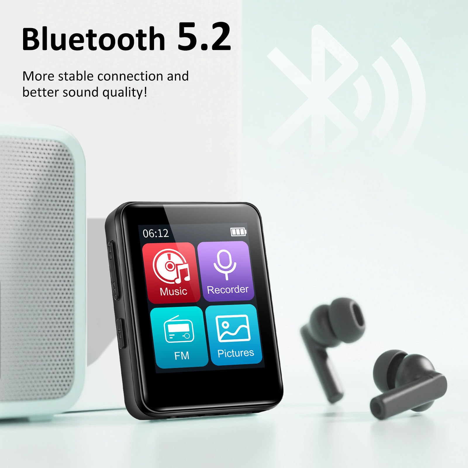 Lecteur MP3 1,8" avec Bluetooth, lecteur de musique numérique 32 Go pour enfants, mini lecteur MP3 Bluetooth portable avec haut-parleur sans perte de son avec radio FM, enregistreur vocal, prend en