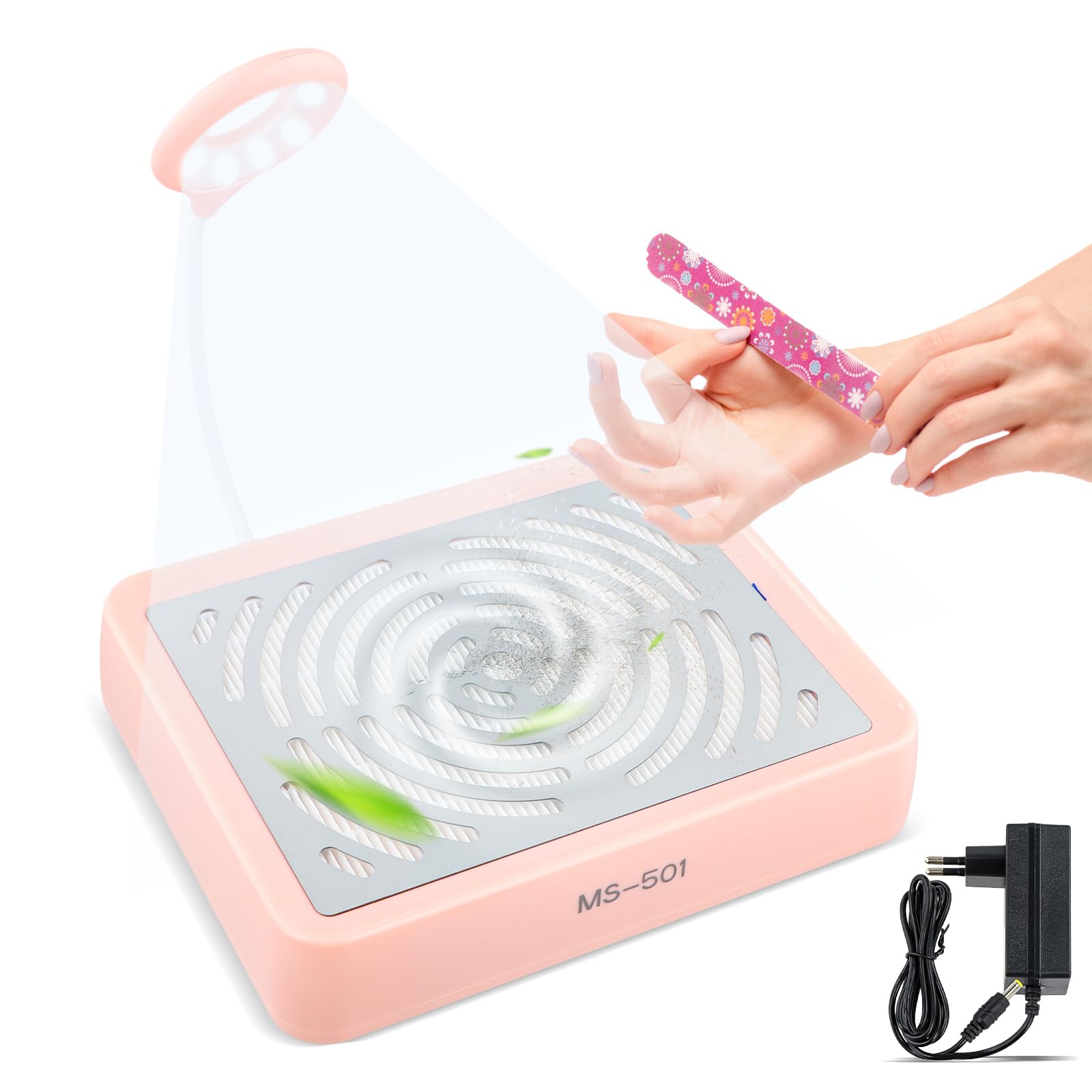 Aspirador Profesional de Uñas con Luz USB, Potente y Silencioso, Colector de Polvo para Manicura y Pedicura, Uso en Casa o Salón de Belleza, Rosa