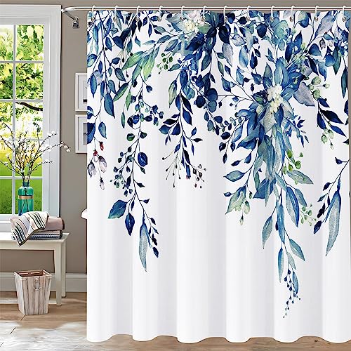 Shower Curtain Blue Eucalyptus Shower Curtains for Bathroom, Watercolor Leaf Shower Curtain Sets Waterproof Plant Shower Curtain Leaves Fabric Cloth Bathroom Curtains 72×72 inch with Hooks