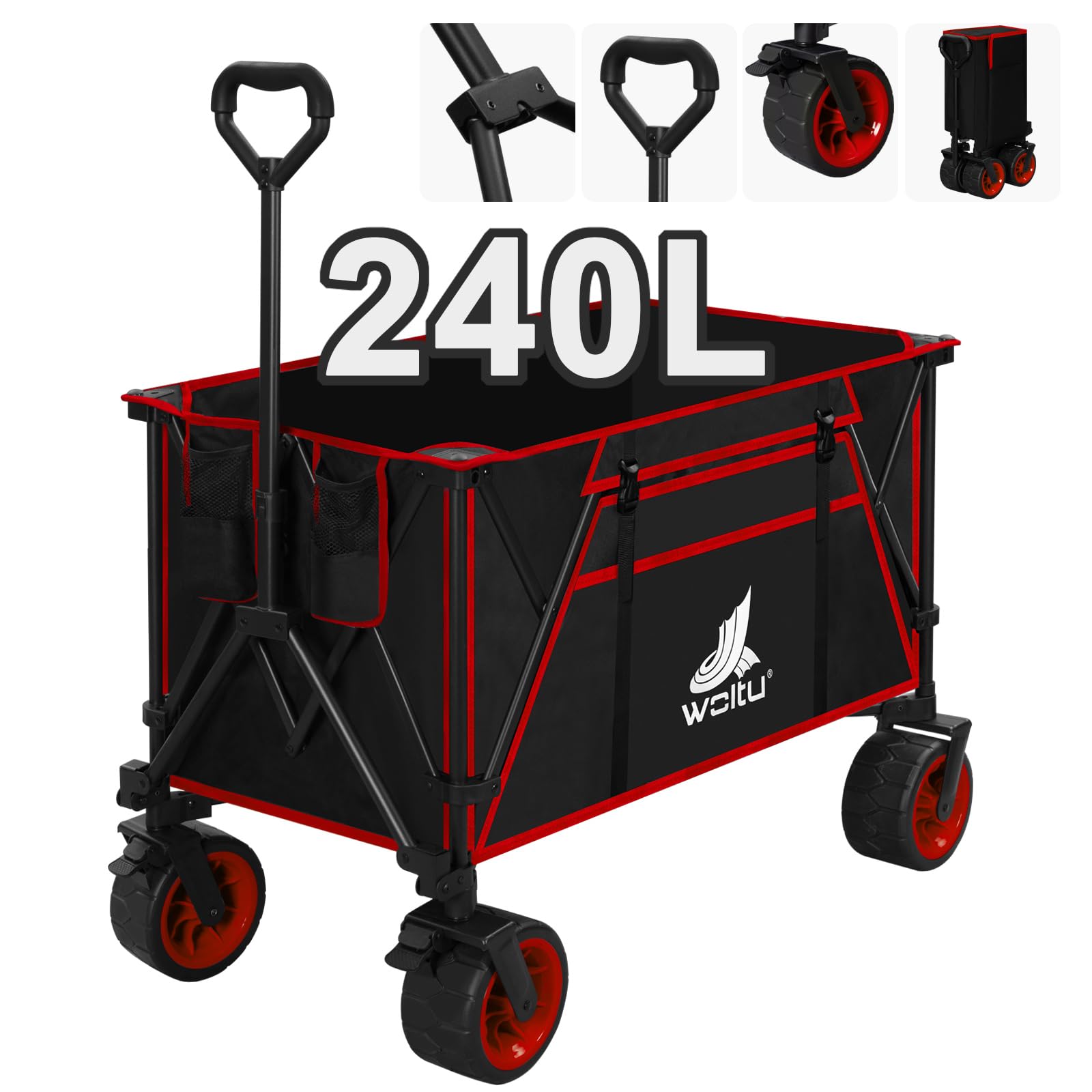 Chariot De Jardin Pliable WOLTU 120kg - Plateau Amovible, Roues Tout-Terrain, Noir/Rouge