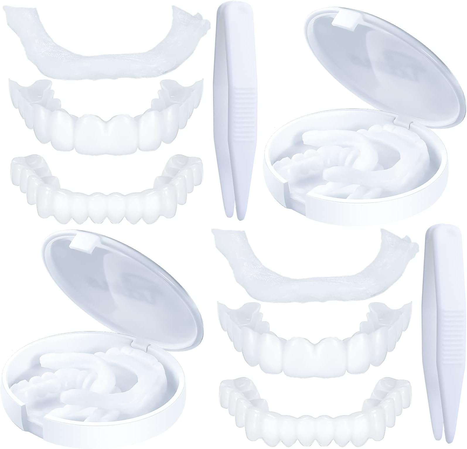 2 Set Fake Teeth Temporary Denture Teeth Veneer Snap in Teeth Confidence Smile Dentures Veneer Fake White Teeth with 2 Pieces Mini Tweezers for Halloween Men and Women Bad Teeth Whitening Alternative