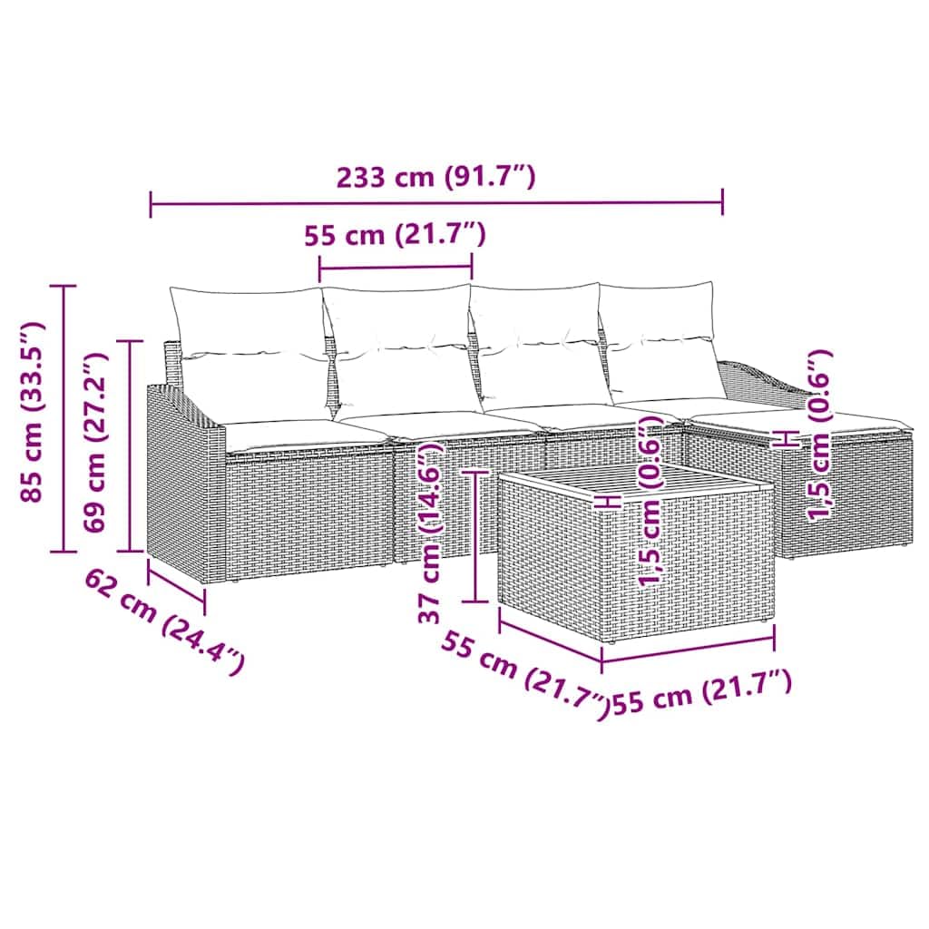 6-częściowy zestaw sof ogrodowych, beżowy polirattanowy, modułowy odporny na promieniowanie UV, odporny na warunki atmosferyczne, na werandę, balkon, na zewnątrz, z poduszką