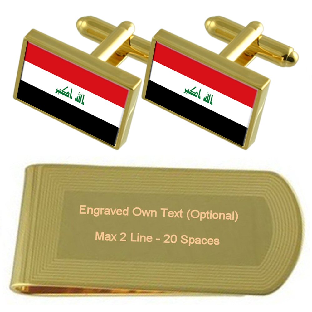 Gemelos de la bandera de Irak y pasador de corbata dorados con grabado 5