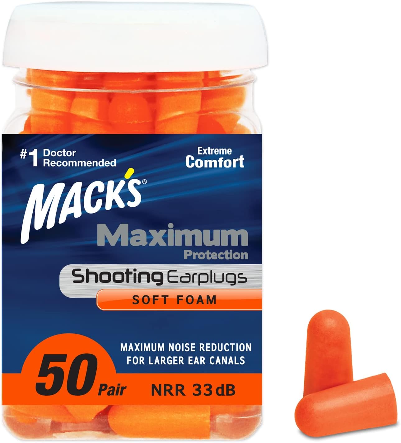 Mack's Maximum Protection Soft Foam Shooting Ear Plugs, 50 Pair - 33 dB Highest NRR – Comfortable Earplugs for Hunting, Tactical, Target, Skeet and Trap Shooting | Made in USA