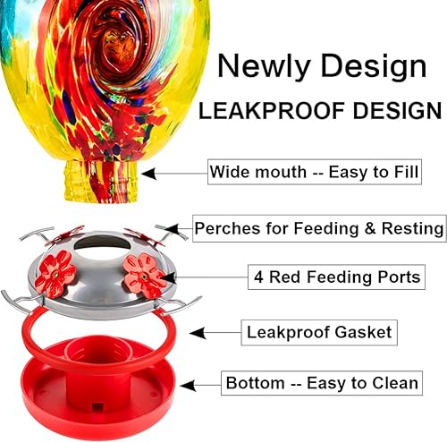 Miniatura 4 de Comedero para colibríes para exteriores, patio, jardín, vidrio soplado a mano, comedero grande de colibríes colorido de 30 onzas con ganchos,
