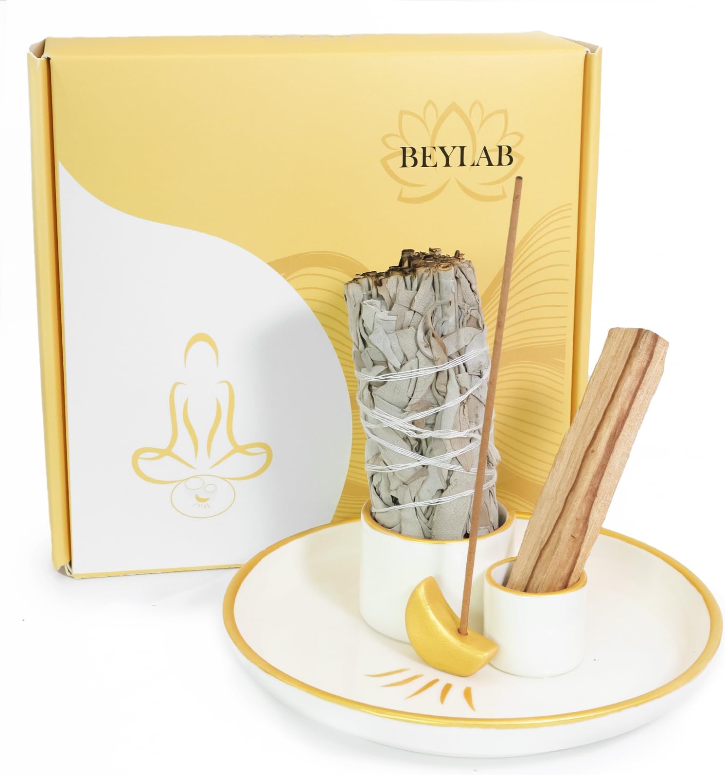 4 in 1 Incense Burner Holder moon, Palo Santo Holder, Sage Holder for Burning, Incense Holder for Sticks, Smudge bowl, 5.9 inches Ceramic Ash Catcher Tray for Meditation Yoga Room (moon)