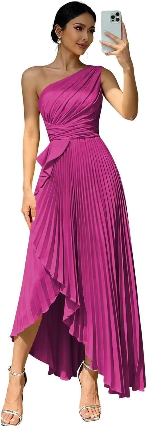 Ruffles Long Bridesmaid Dresses for Women Pleated One Shoulder Satin A Line Formal Evening Dress with Slit