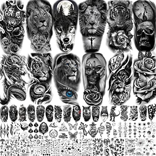 TASROI 61 Sheets Realistic Skull Tiger Wolf Lion Temporary Tattoos For Women Men Arm Sleeve, 3D Halloween Temp Tattoos Adults Compass Black Rose Flower, Bulk Fake Tattoos That Look Real And Last Long