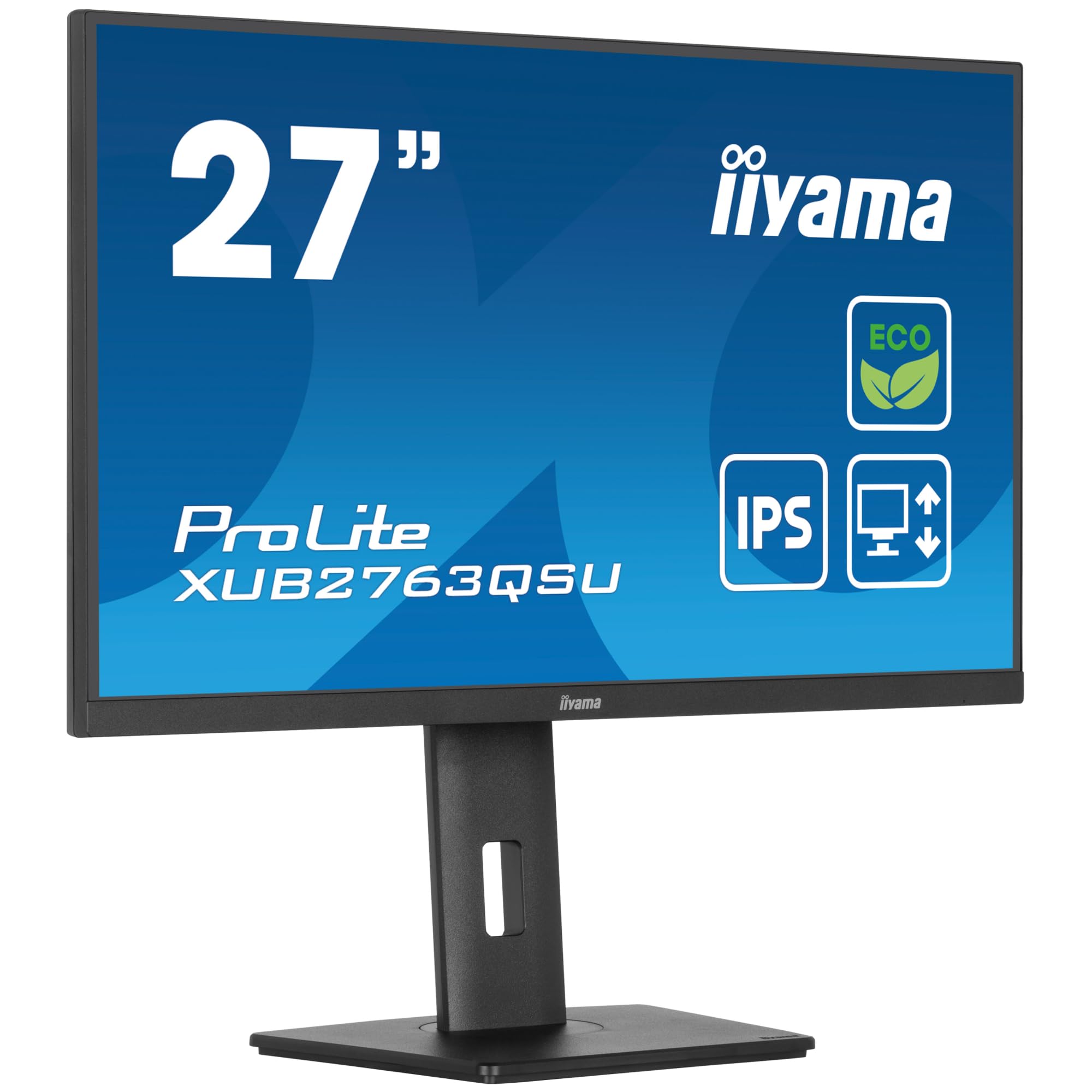 Ecran iiyama Prolite XUB2763QSU-B1 Slim,IPS, 2560x1440@100Hz, 2ms, 350cd, DP/HDMI/USB HUB (2x3.2), Haut-parleurs, FreeSync, i-Style, réglable en Hauteur + Pivot, TCO, Green Product
