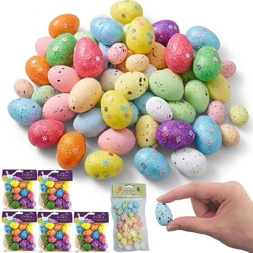 Srv Hub 96Pcs- Easter Glitter Eggs 96Pcs Easter Speckled Eggs With Glitter Eggs And Grass, Colorful Decorative Eggs For Basket Filler, Multicolour Glitter Foam Easter Eggs For Table Decoration