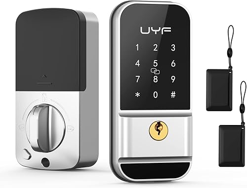 UYF Keyless Entry Touchscreen Deadbolt Lock wFob Keys, Auto Lock, Anti-Peek Password, Voice Menu - Electronic Digital Smart Lock for Front Door Code