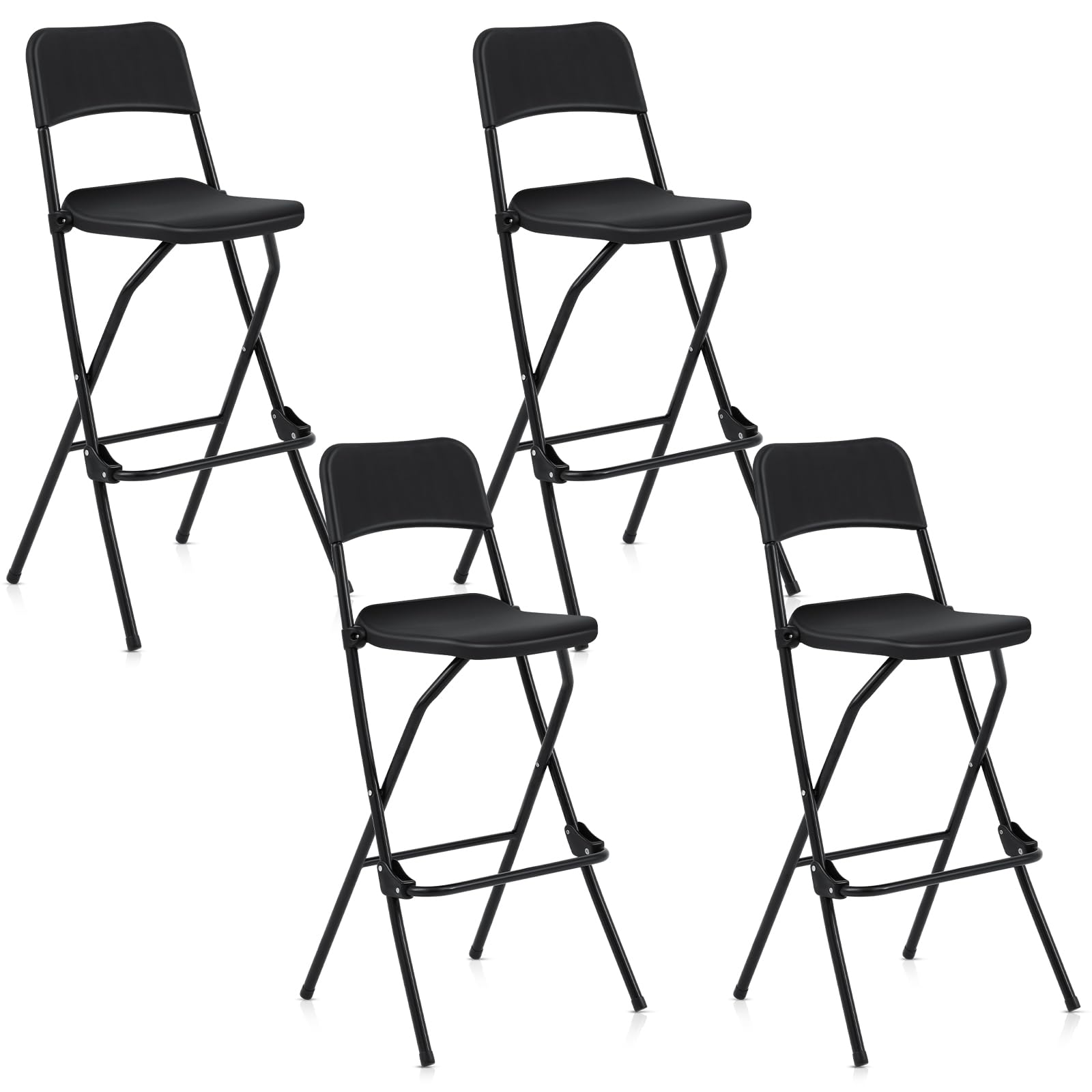 Folding Stool with Back Portable Metal Frame Barstools with Backs and Footrest 28.7 Inch Bar Height Folding Chairs for Counter Kitchen Island Shop Cafe Dining Room Bar(Black, 4 Pcs)