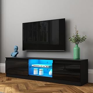 Senvoziii Modern TV Cabinet Led Light Black High Gloss Front TV Stand Unit 160CM with 2 Doors 2 Glass Shelves TV Units for Living Room Bedroom Home Furniture