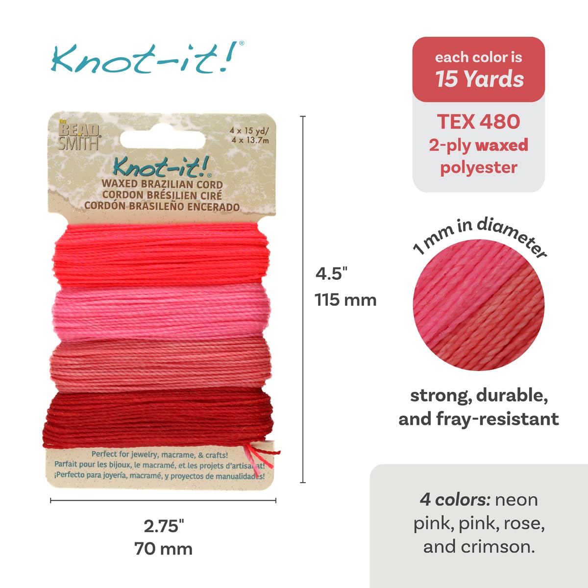 The Beadsmith Knot It Waxed Polyester Cord, Floral Vibes, 0.7mm Diameter, 4 Cords, 15 Yards Each, Make Jewelry, Macrame - Image 4