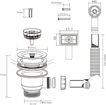 Talea(XJ302C003) Mini Basket Strainer,Kitchen Sink Waste Kit Fitting,with Square Overflow