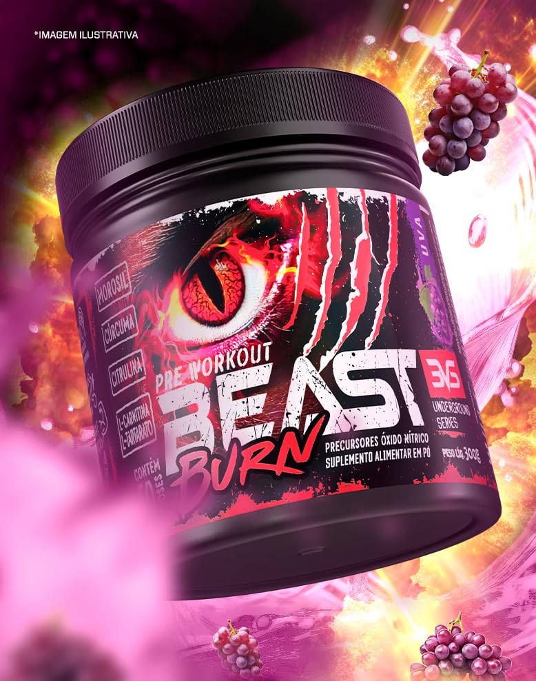 l carnitina pré treino 3VS Nutrition Pré-Workout Beast Burn 300g – Suplemento Pré-Treino Fórmula  Única com Cafeína, Beta Alanina, L-Carnitina, Citrulina, Morosil® e Cúrcuma  – 50 Doses 300gr Sabor Uva