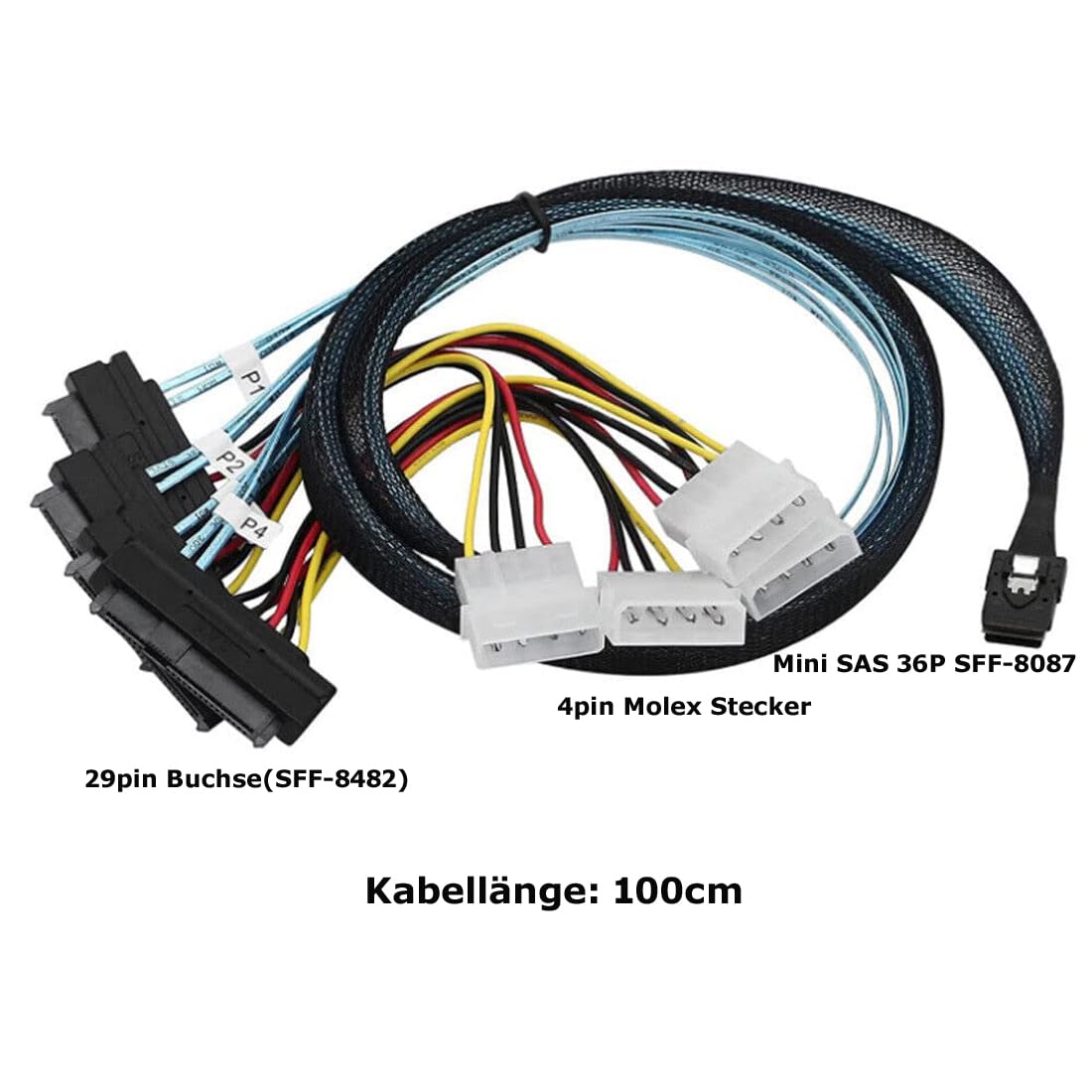 P47CS Mini SAS 36 pin maschio (SFF-8087) a 4 x 29 pin SFF-8482 & 4 pin Molex IDE cavo di alimentazione per dischi SAS – Cavo dati e combinazione di cavi di alimentazione