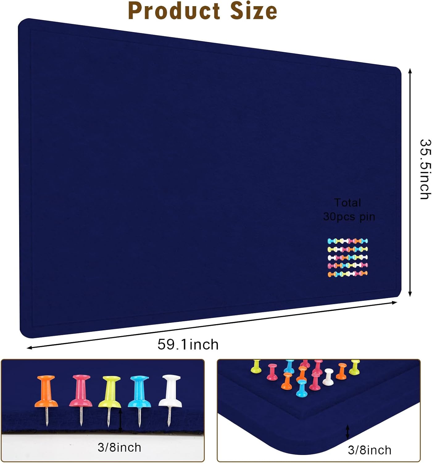 Large Bulletin Board, 60 X 36 inches Cork Board with 30 Pushpin, 5' x 3' Felt Cork Board Notice Pin Board, Self-Adhesive Vision Board Mood Board Foldable Photo Board for Wall - Dark Blue