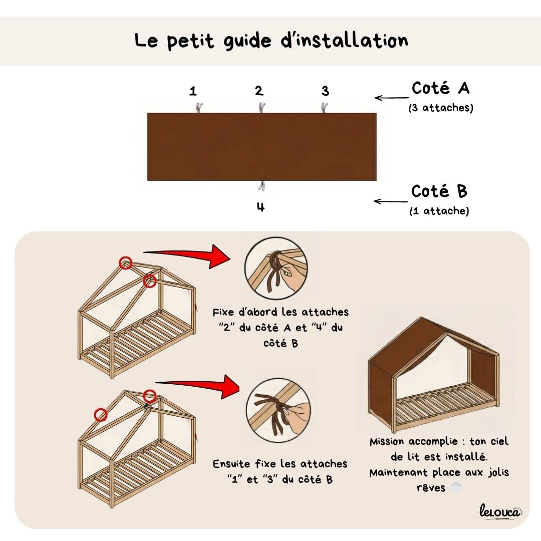 Ciel de lit cabane,100x350 cm, Coton Biologique Beige, décoration pour Chambre bébé ou Enfant. Inclus : 1 Toile lit cabane; 1 Feuille de décoration et Les Attaches Pratiques.