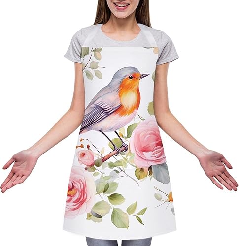 Miniatura 3 de Personalized Floral Print Watercolor Robin Bird Adult Apron, Kitchen Cooking Aprons for Woman Man, Adjustable Bib Apron with Pocket for Baking, BBQ