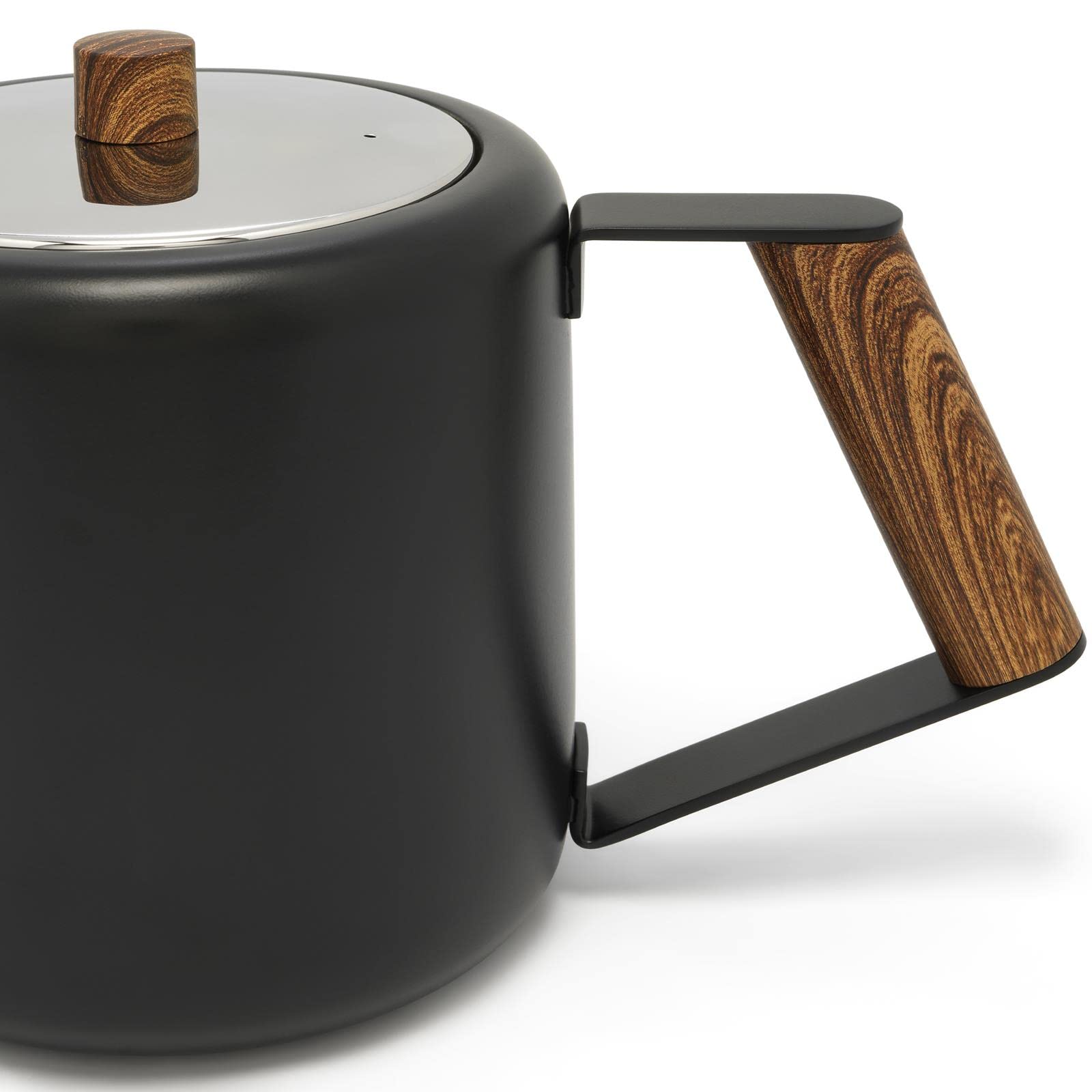 Bredemeijer Teekanne Set 1.1 Liter - Kanne aus Edelstahl doppelwandig schwarz - großer moderner Teebereiter mit Holzoptik-Griff & Tee-Filter-Sieb-Aufsatz -ideal für losen Tee