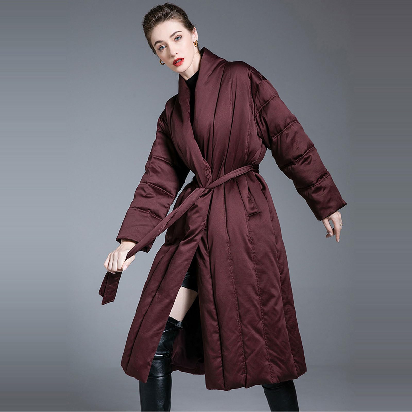 Chaqueta Plumas Down Jacket Mujer Ligera Acolchada Abrigo Largo Holgado con Cinturón Ropa Abrigo Gruesa
