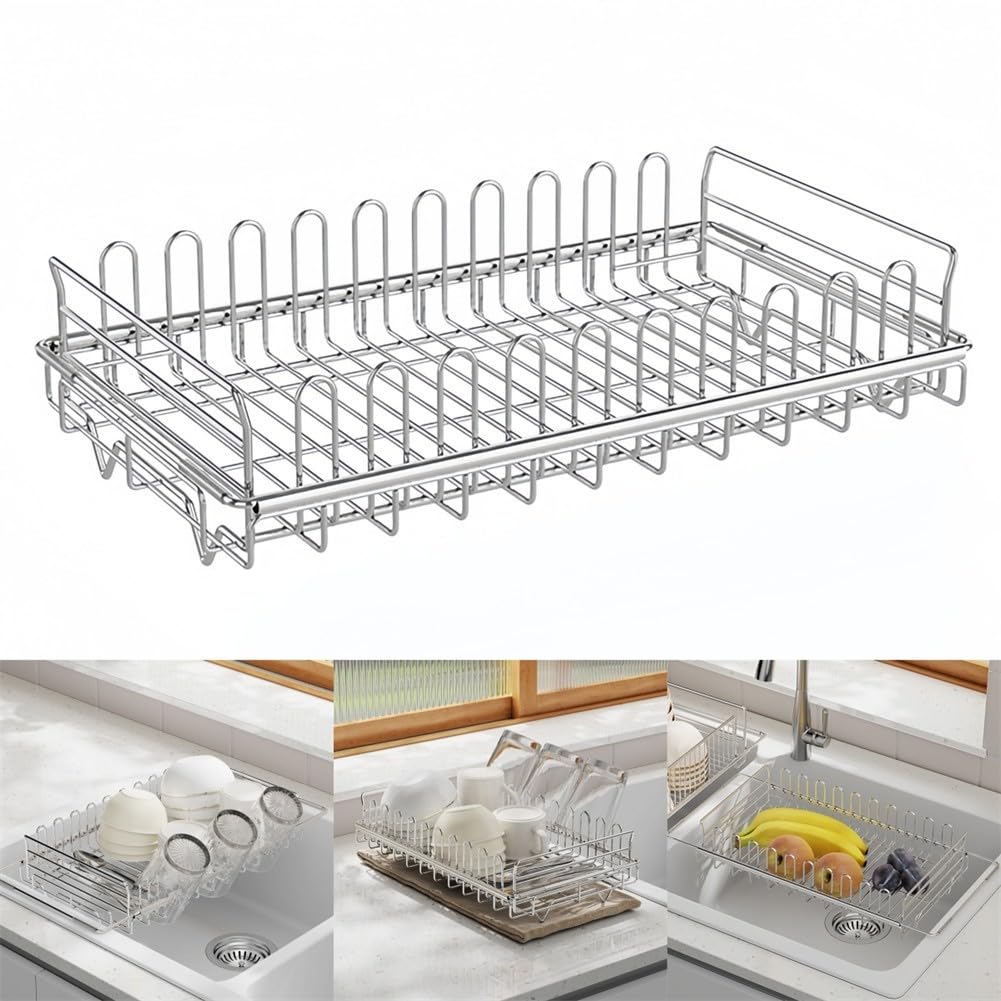 Égouttoir à vaisselle extensible en acier inoxydable avec porte-gobelets pour la cuisine, résistant à la rouille et économise de l'espace pour les petites cuisines et appartements