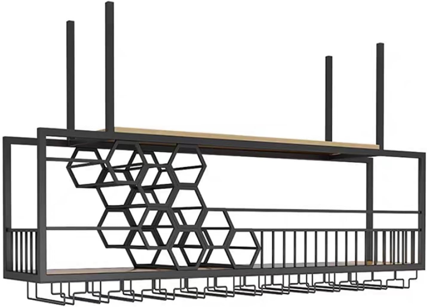 Industrial Hanging Ceiling Wine Rack with Large Capacity Bar Floating Shelf for Wine Bottles and Glasses Wine/Dish Storage Display Ceiling Mount Shelf for Dining Room and Kitchen