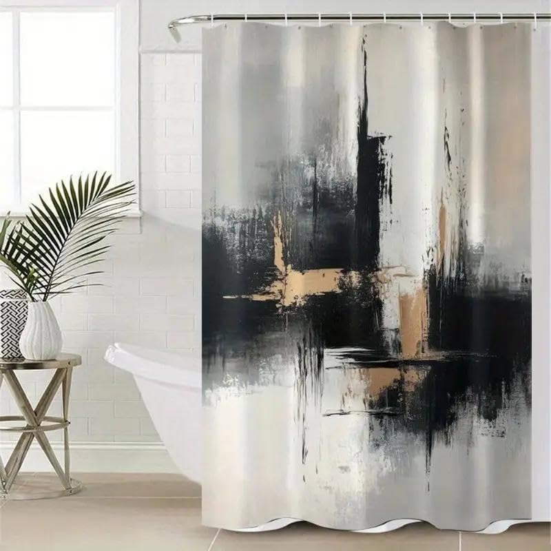 Rideau de douche abstrait grand format lavable en tissu imperméable gris noir - 3