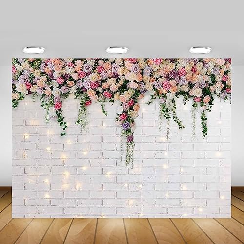 Miniatura 3 de Fondo de flores de pared de ladrillo blanco de 5 x 3 pies para boda, despedida de soltera, aniversario, ceremonia, decoración de fotografía, fondo