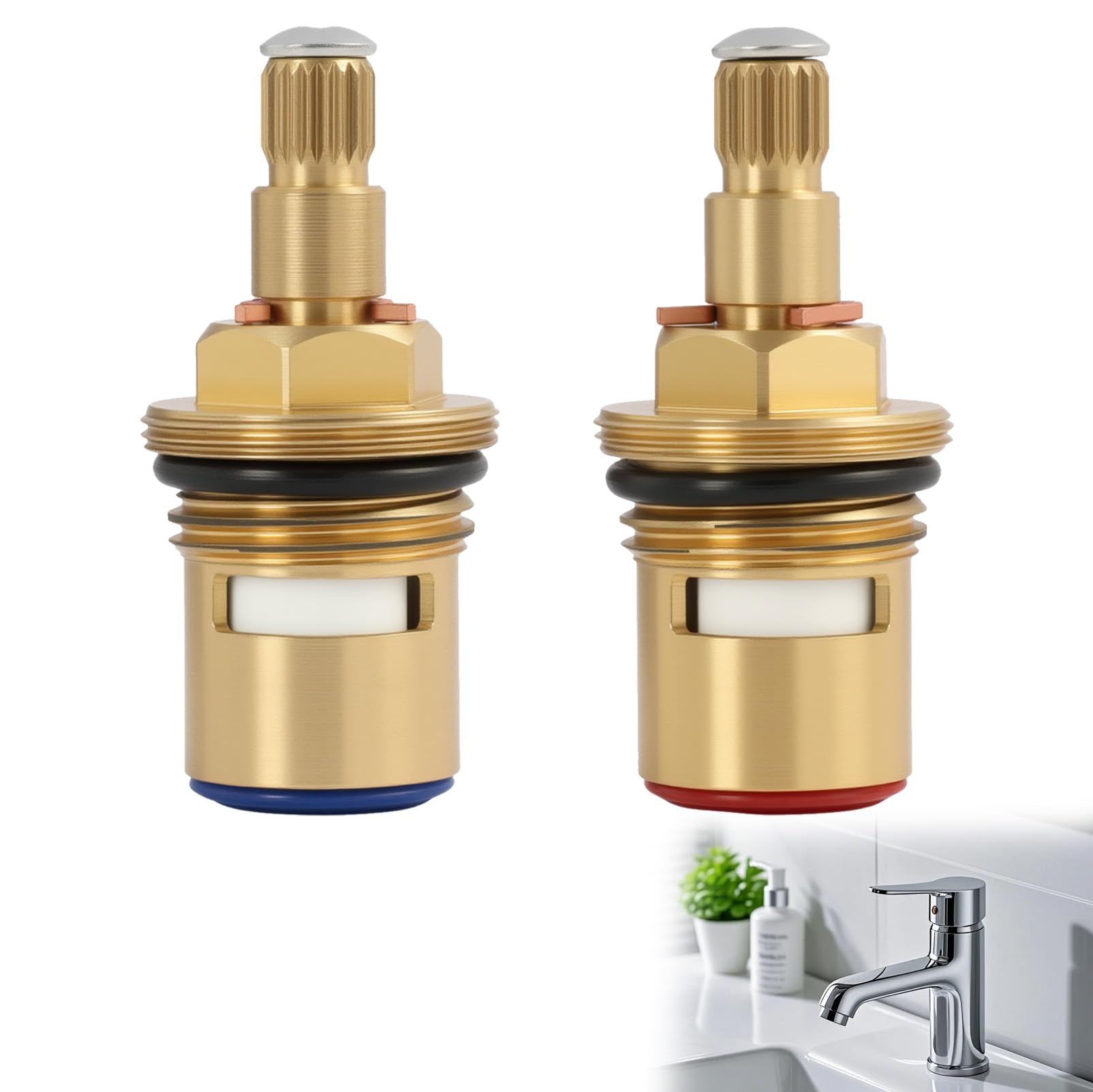 Replacement Brass Ceramic Disc Tap Cartridge – Pair of 1/2" BSP Gland Cartridges with 20 Spline Teeth, 49mm Height, 18mm Spline Length, and 7.6mm Diameter – for Quarter Turn Taps