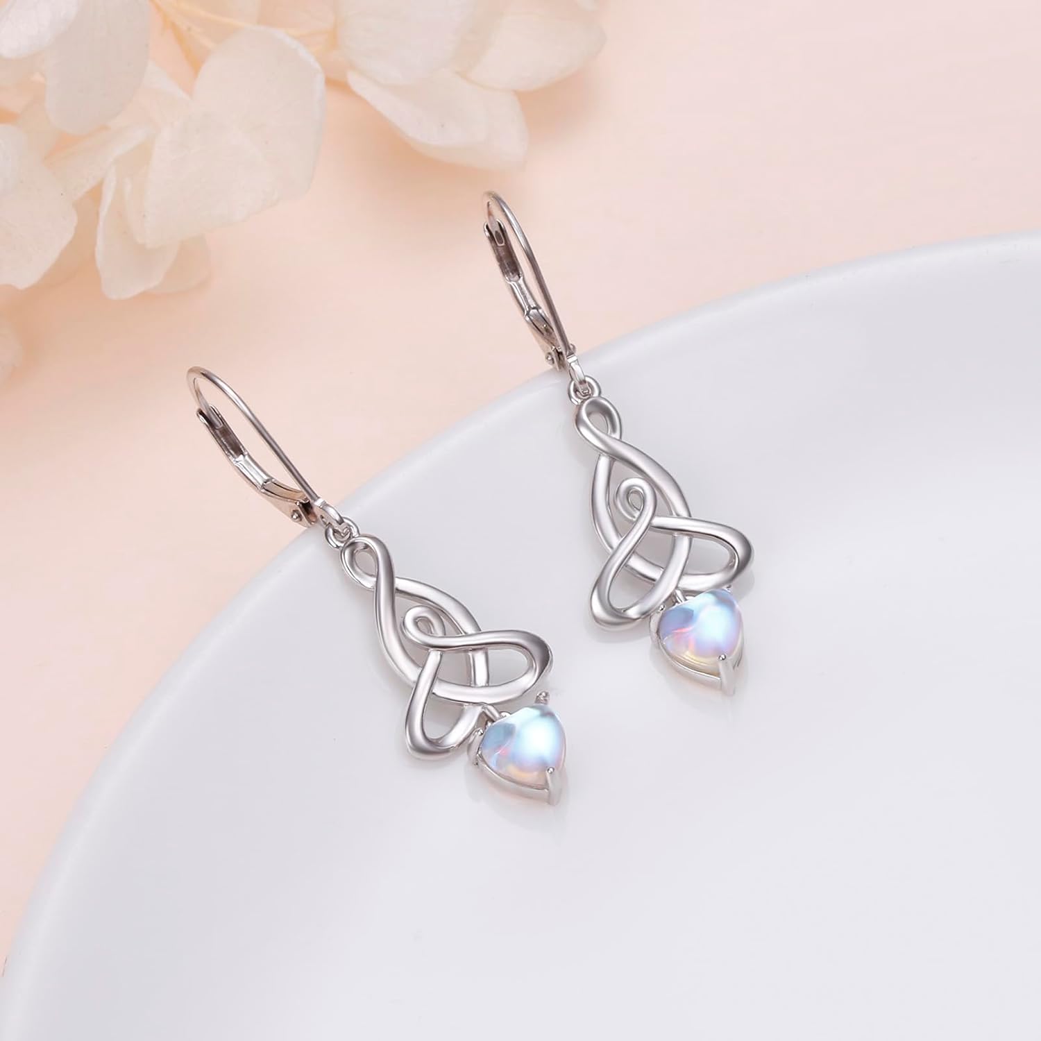 Celtic Knot Earrings 925 Sterling Silver Moonstone Irish Celtic Knot Dangle Hoop Earrings Leverback Jewelry Birthday Christmas Gifts - Image 2