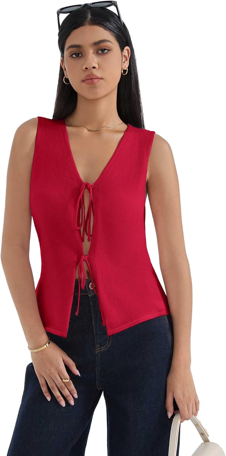 SUUKSESS Women Tie Front Top Sweater Vest Summer Vacation Outfits Trendy Tops Vest Y2K Tank Tops - Image 5