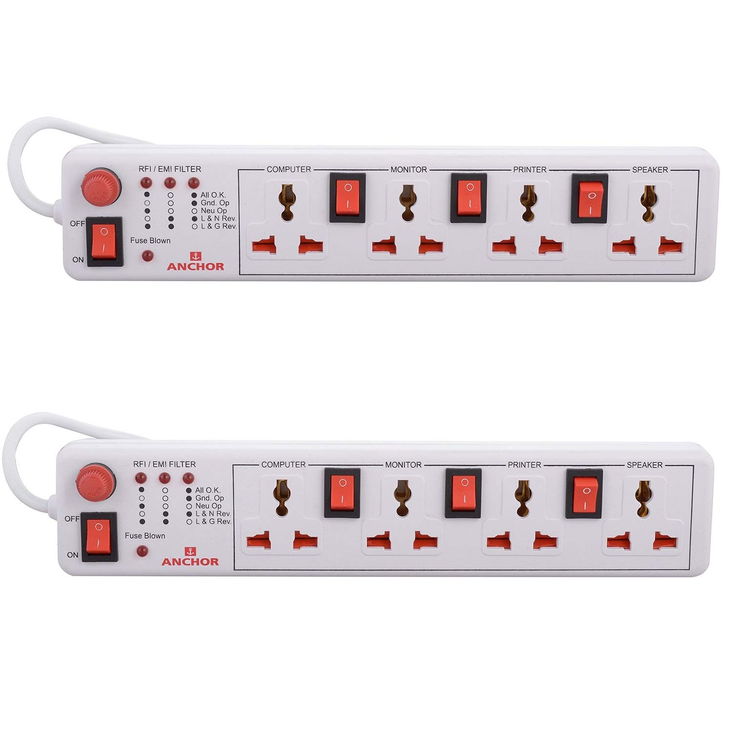Anchor by Panasonic 4 way 6A Universal Socket with 3 Switch & 1 Master Switch | 4 Way Extension Board with 1.5 Mtr Extension Cord | Multi Plug Socket for Home Wall, Office (22568-PK2)
