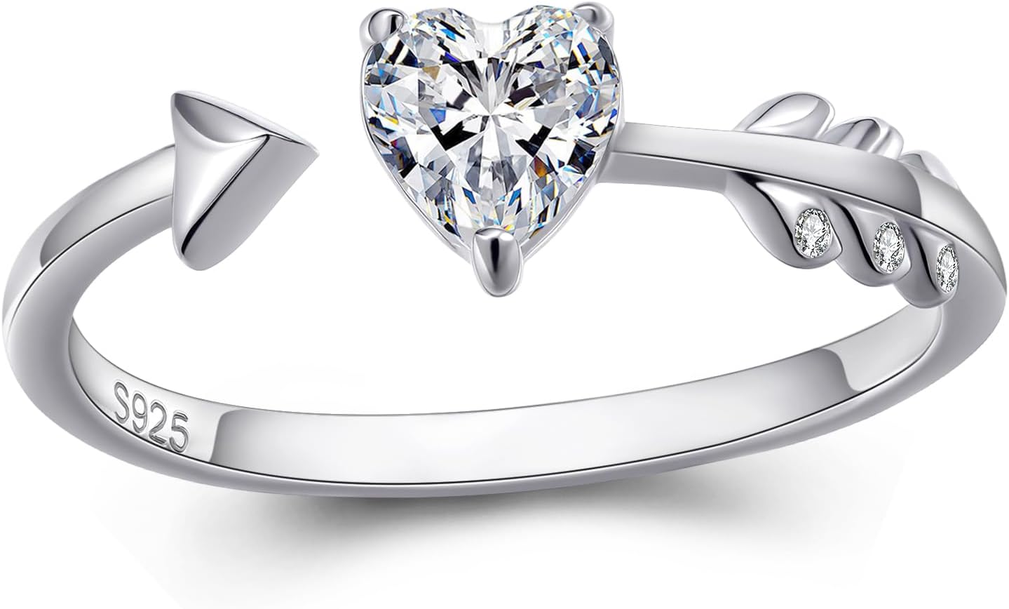 Heart Moissanite Cupid Arrow Ring 925 Sterling Silver D Color VVS1 Affordable Promise Ring, Adjustable Heart-Cut Moissanite Engagement Ring, Romantic Ethical Jewelry Gift