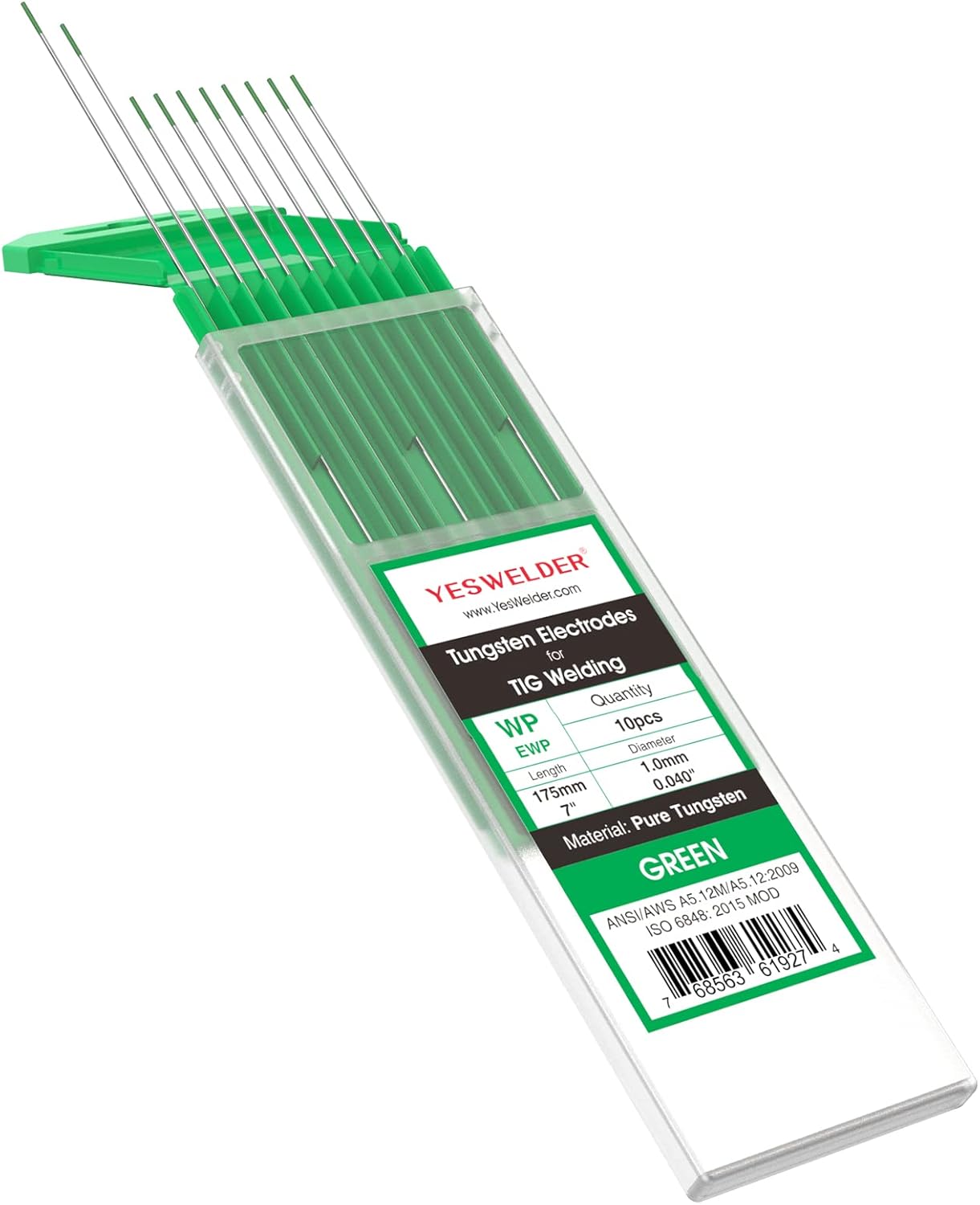 GREEN Bundle-4 packs of 10 pcs (1/16", 3/32",1/8",.040'') YESWELDER TIG Welding Tungsten Electrode Pure Tungsten (Green, EWP)