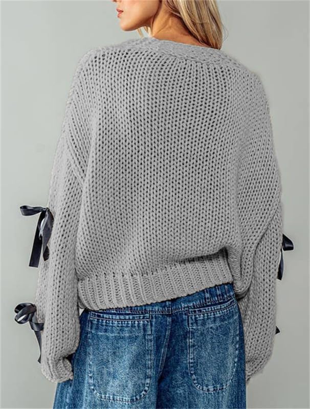 Image of Thopavenoir Women's Y2k Bow Trim Cardigan Sweaters Long Sleeve Button Down Knit Jacket Oversized Pullover Coats Knitwear