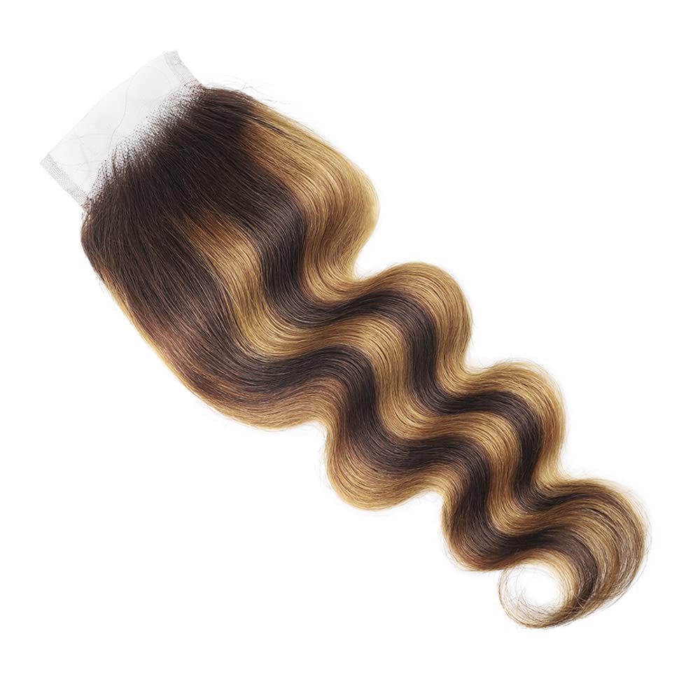 Brown Highlight Lace Closure Pre Plucked With Baby Hair Brazilian Virgin Hair Raw Remy Human Hair Ombre 18 Inch Swiss Lace Grade 9A High Density 4/27 Closure