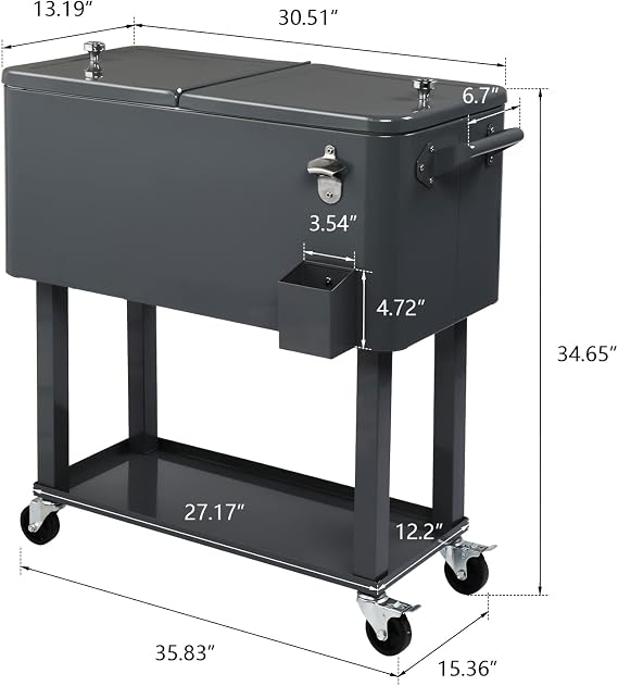 SSLine Portable Rolling Patio Cooler Ice Chest with Wheels Outdoor Cold Drink Beverage Bar Cart with Storage Shelf & Bottle Opener Home Deck Backyard Party Cooler Tub Trolley Cart