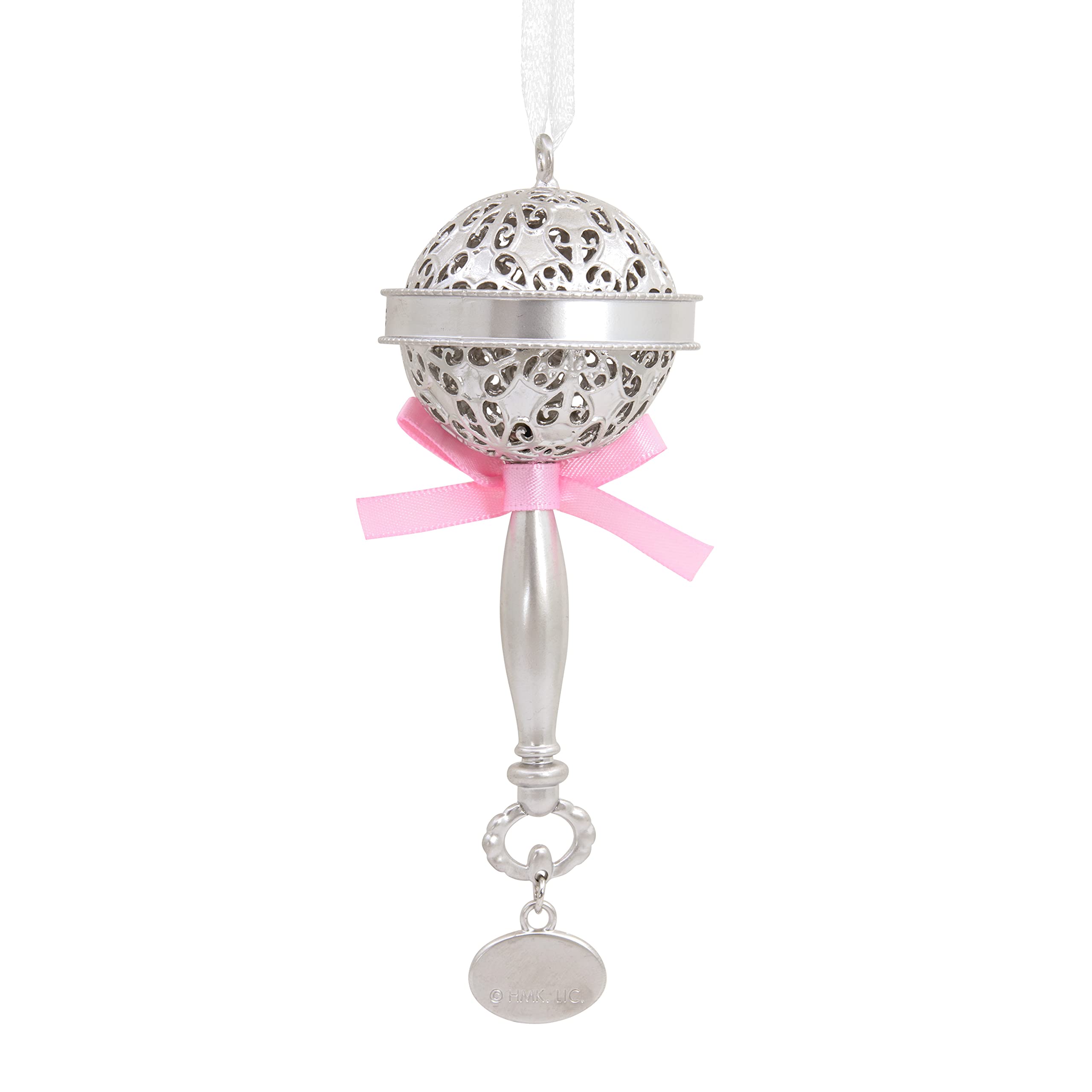 Hallmark Premium Baby's First Christmas Silber Baby Rassel mit rosa Band 2022 Weihnachtsschmuck Metall