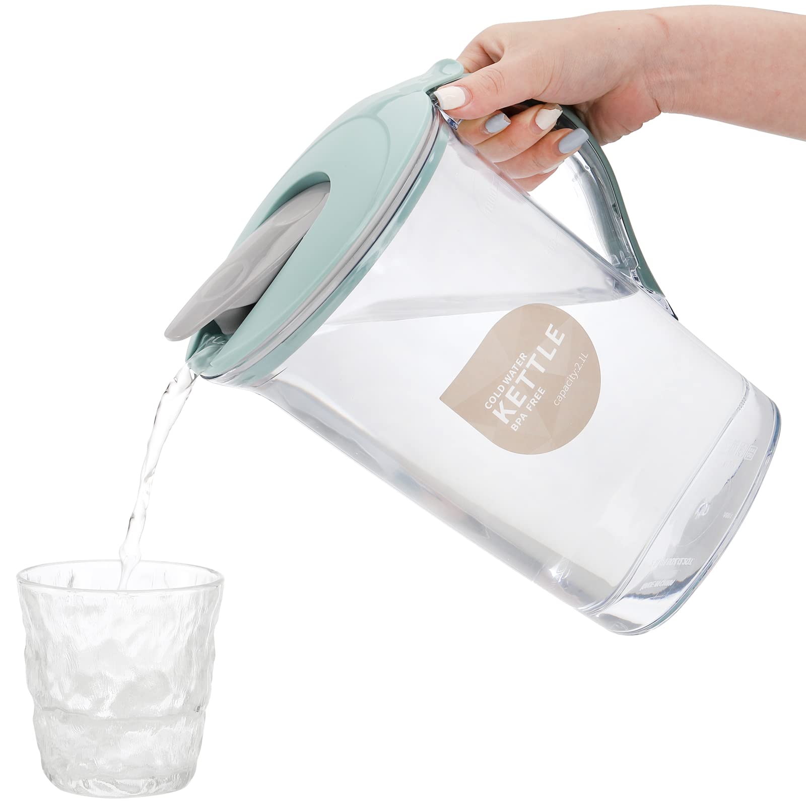 Coloch Paquete de 2 jarras de agua de plástico de 2 litros con tapa de boquilla abatible, recipientes de agua delgados transparentes para puerta de nevera, jarra de jugo con línea de escala para té